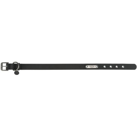 Vista extendida del collar para perro Trixie en PVC negro, con hebilla metálica, anilla de sujeción y múltiples orificios de aju