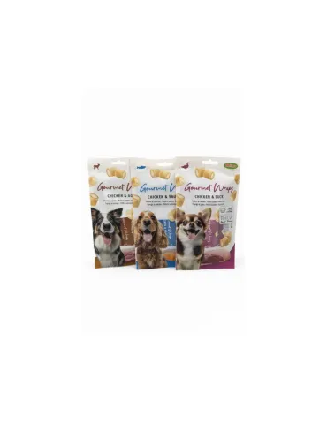 Tres paquetes de snacks para perros Bubimex Gourmet Wraps, sabores pollo con cordero, salmón y pato.
