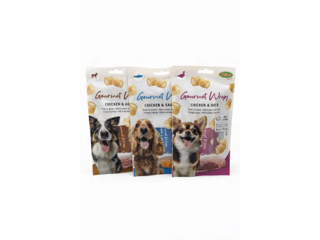 Tres paquetes de snacks para perros Bubimex Gourmet Wraps, sabores pollo con cordero, salmón y pato.