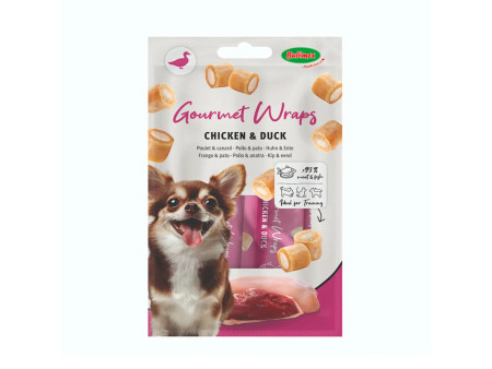 Tres paquetes de snacks para perros Bubimex Gourmet Wraps, sabores pollo con cordero, salmón y pato. 2