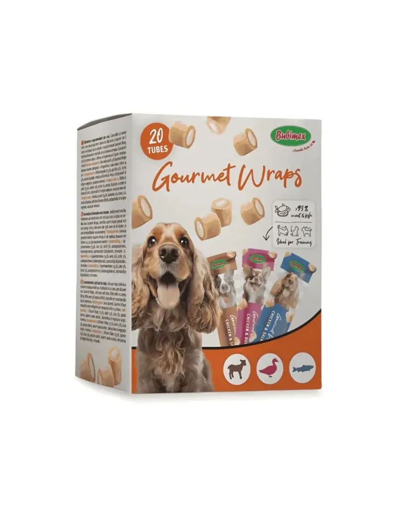 Caja surtida de 20 tubos Bubimex Gourmet Wraps para perros, sabores pollo con pato, cordero y salmón.