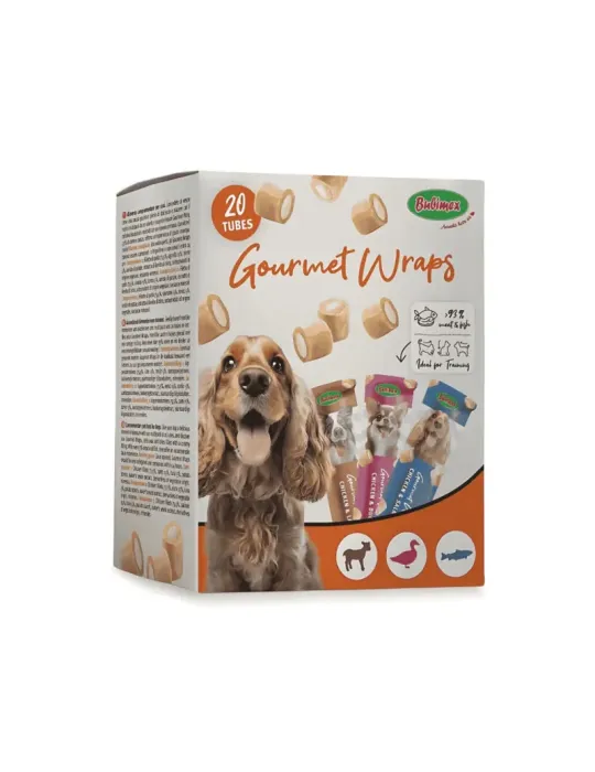 Caja surtida de 20 tubos Bubimex Gourmet Wraps para perros, sabores pollo con pato, cordero y salmón.