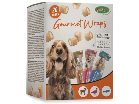 Caja surtida de 20 tubos Bubimex Gourmet Wraps para perros, sabores pollo con pato, cordero y salmón.