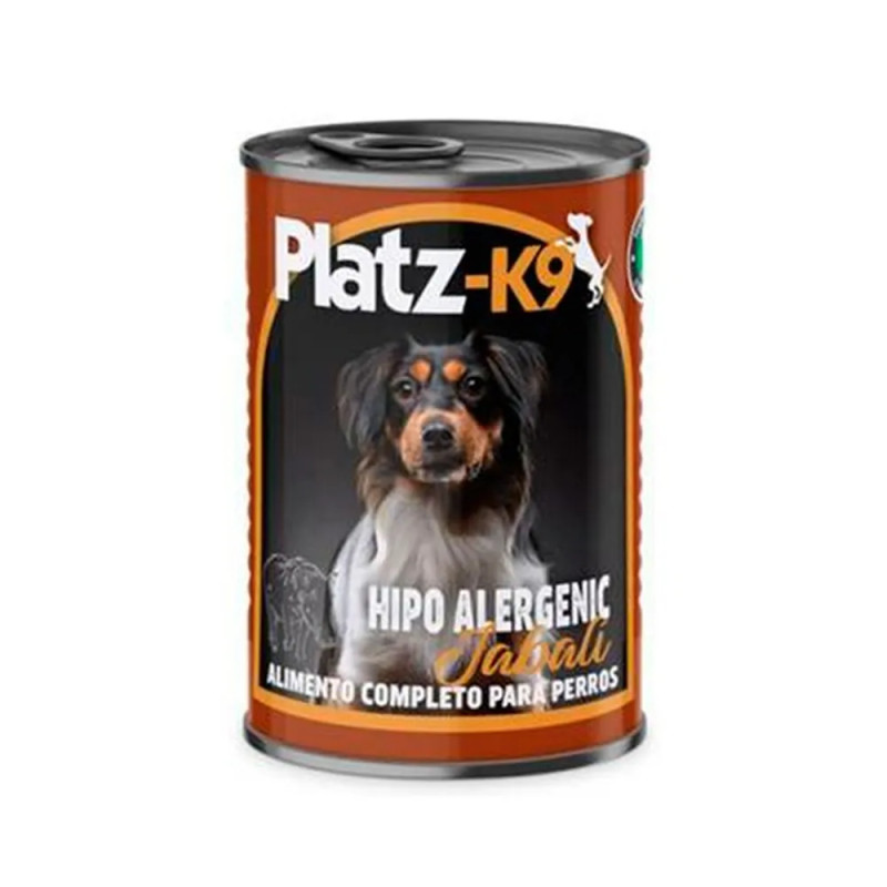 Lata de alimento húmedo Platz-K9 Hipoalergénico sabor jabalí para perros con alergias alimentarias.