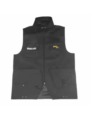 Chaleco negro de entrenamiento para perros Platz-K9 con múltiples bolsillos frontales.
