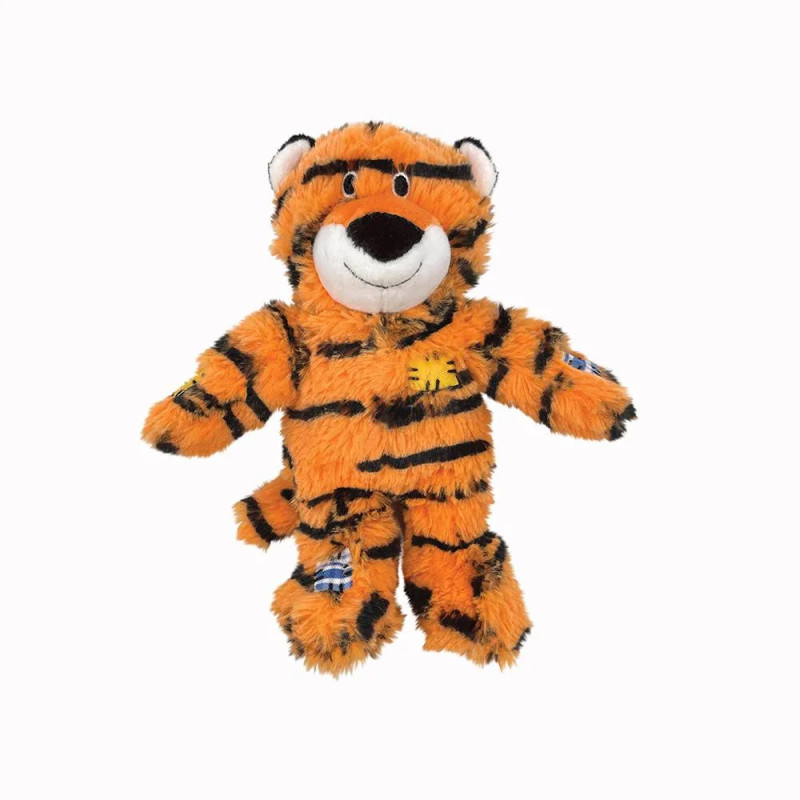 Juguete para perro KONG Wild Knots con forma de tigre de peluche, sin embalaje, ideal para juegos suaves y duraderos.