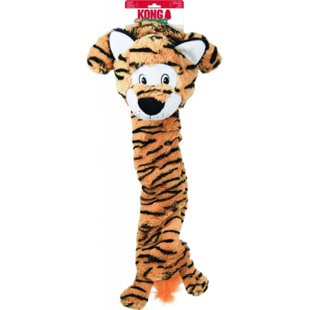 Juguete para perro KONG con forma de tigre alargado y peluche suave ideal para juego y mordisqueo.