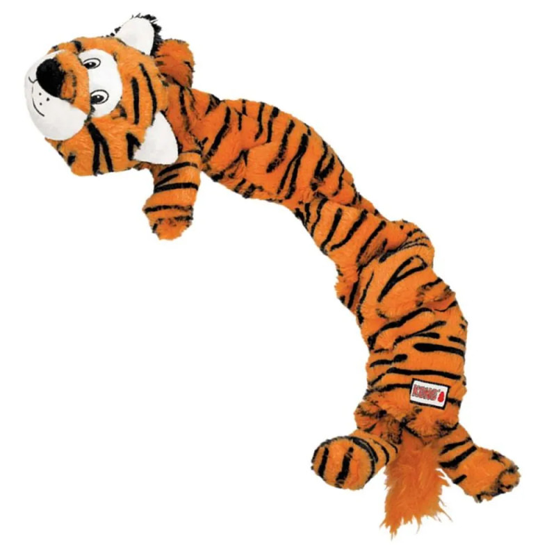 Peluche alargado con forma de tigre de la marca KONG para perros, ideal para jugar, arrastrar y morder.