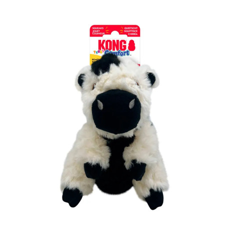 Juguete para perro KONG Tyke Comfort con forma de vaca de peluche suave y sonido, con embalaje visible.