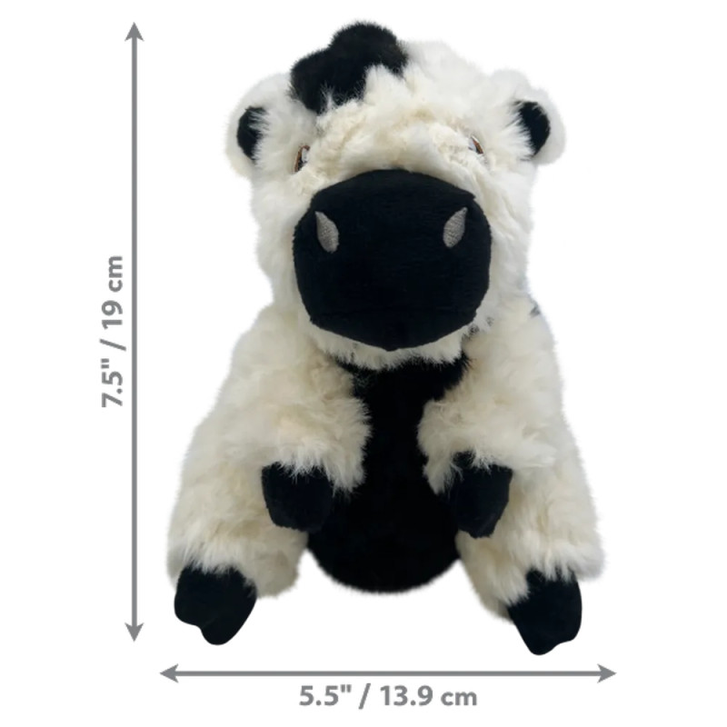 Juguete para perro KONG Tyke Comfort vaca con dimensiones de 19 cm x 13.9 cm.