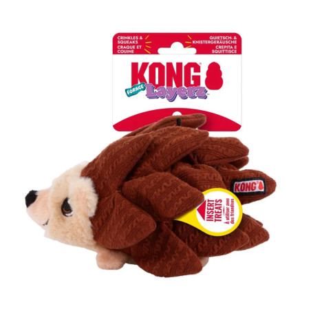 Juguete para perro KONG Layerz Forage Hedgehog erizo marrón de peluche con texturas y compartimentos para snacks.