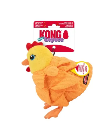 Juguete para perro KONG Layerz Forage Hen (gallina) de peluche con texturas y compartimentos para snacks.