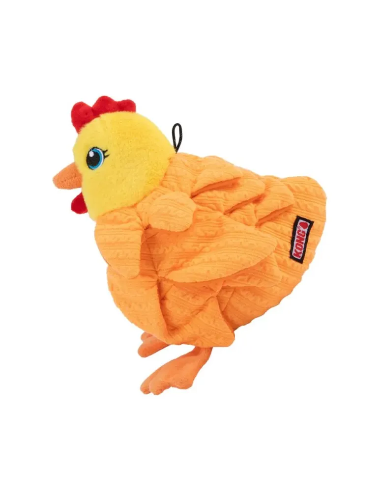 Juguete KONG Layerz Forage Hen sin blister, con forma de gallina naranja y pliegues para esconder snacks.