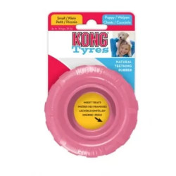 Juguete de goma KONG Puppy Tyres rosa para perros cachorros, forma de neumático para masticar y aliviar encías.