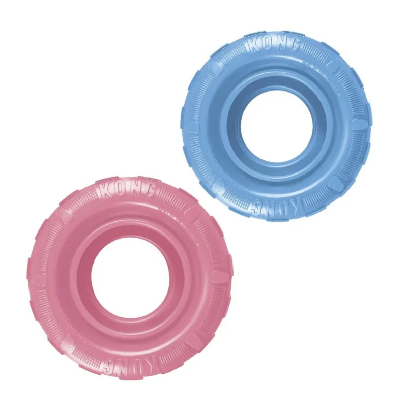 Juguetes KONG Puppy Tyres para cachorro en colores rosa y azul, diseño en forma de neumático para masticación y premios.