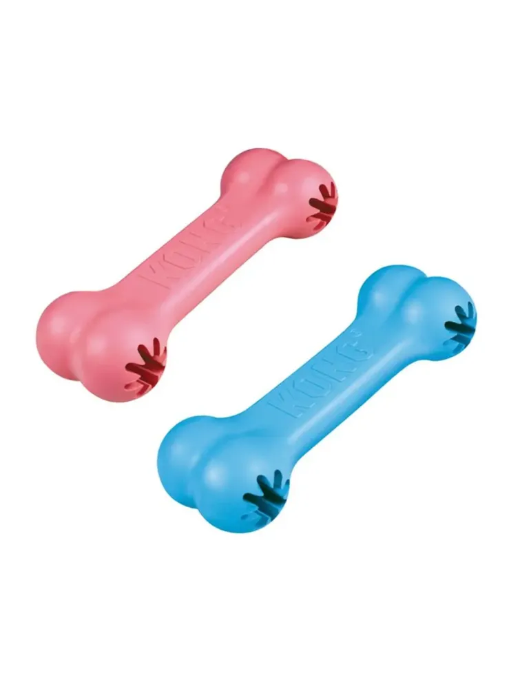 Huesos KONG Goodie Bone para cachorros en colores rosa y azul, juguetes de caucho para masticar y rellenar con premios.