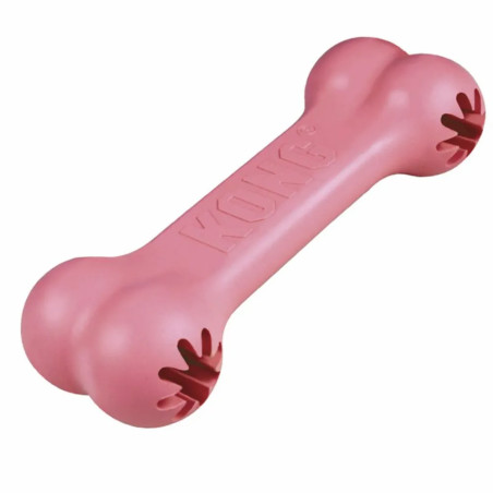 Juguete para cachorro KONG Goodie Bone color rosa, de caucho blando con ranuras para premios.