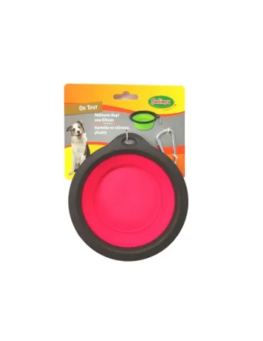 Cuenco plegable de silicona Bubimex para perro en color rosa y negro — bebedero y comedero de viaje práctico.