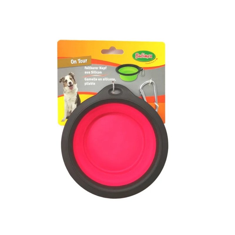 Cuenco plegable de silicona Bubimex para perro en color rosa y negro — bebedero y comedero de viaje práctico.