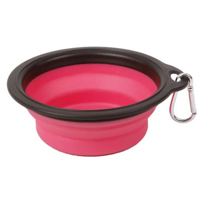Cuenco de silicona para perro marca Bubimex en color rosa y negro, abierto y con mosquetón para colgar.