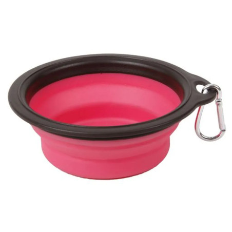 Cuenco de silicona para perro marca Bubimex en color rosa y negro, abierto y con mosquetón para colgar.