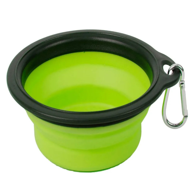 Cuenco plegable de silicona verde para perro marca Bubimex, con borde negro y mosquetón metálico.