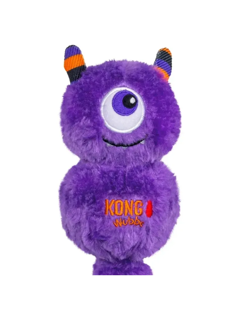 KONG Peluche Halloween Wubba Monstruo Morado — detalle de la cabeza del juguete KONG Halloween Wubba Monster Purple