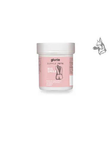 Envase de suplemento alimenticio para mascotas marca Gloria Supple Pets, modelo Big Smile. Este producto está formulado para pro