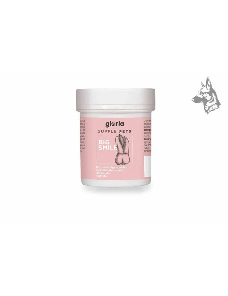 Envase de suplemento alimenticio para mascotas marca Gloria Supple Pets, modelo Big Smile. Este producto está formulado para pro
