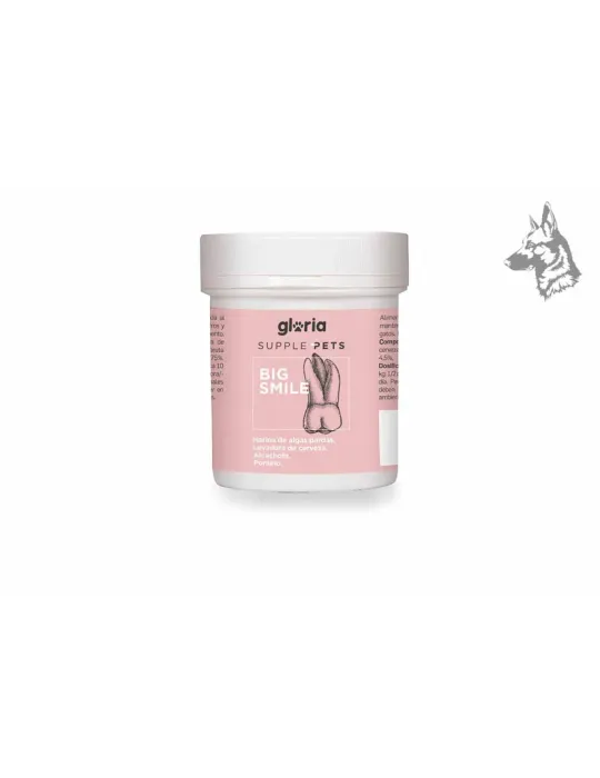 Envase de suplemento alimenticio para mascotas marca Gloria Supple Pets, modelo Big Smile. Este producto está formulado para pro