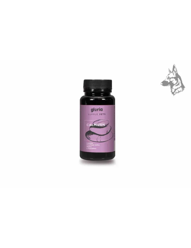 Envase de suplemento alimenticio para mascotas marca Gloria Supple Pets, modelo Calmizen. Este producto está diseñado para promo