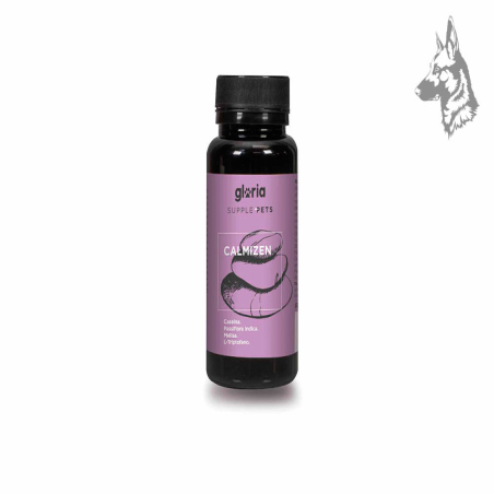Envase de suplemento alimenticio para mascotas marca Gloria Supple Pets, modelo Calmizen. Este producto está diseñado para promo