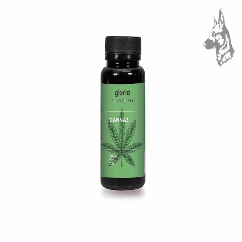 Envase de suplemento alimenticio para mascotas marca Gloria Supple Pets, modelo Canna3. Este producto está formulado para promov