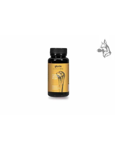 Envase de suplemento alimenticio para mascotas marca Gloria Supple Pets, modelo Condro Active Flex. Este producto está diseñado 