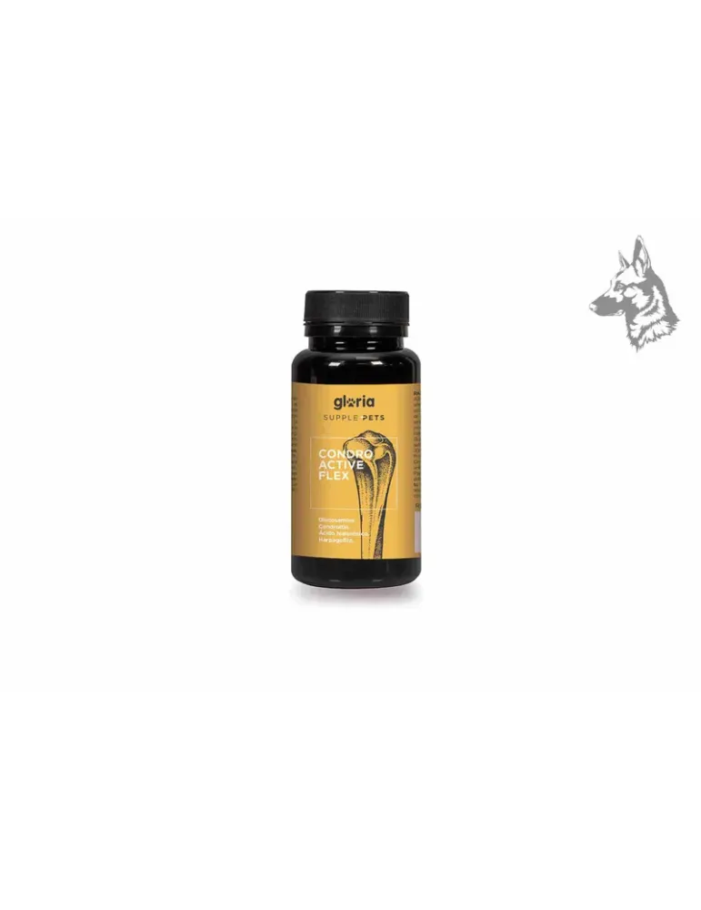Envase de suplemento alimenticio para mascotas marca Gloria Supple Pets, modelo Condro Active Flex. Este producto está diseñado 