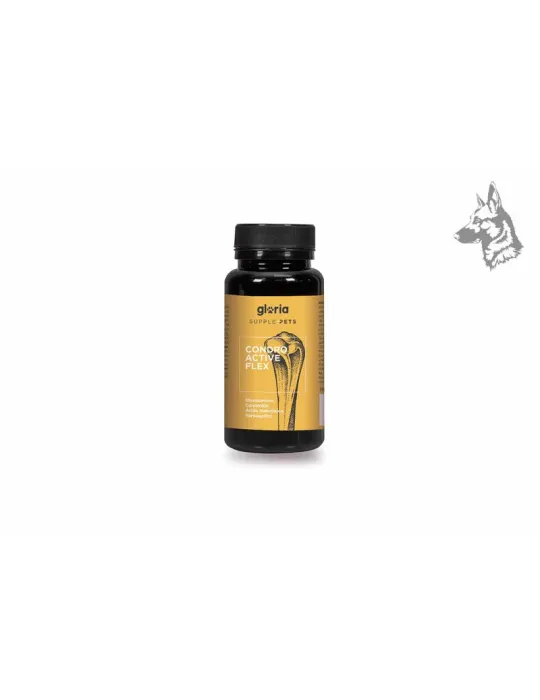 Envase de suplemento alimenticio para mascotas marca Gloria Supple Pets, modelo Condro Active Flex. Este producto está diseñado 