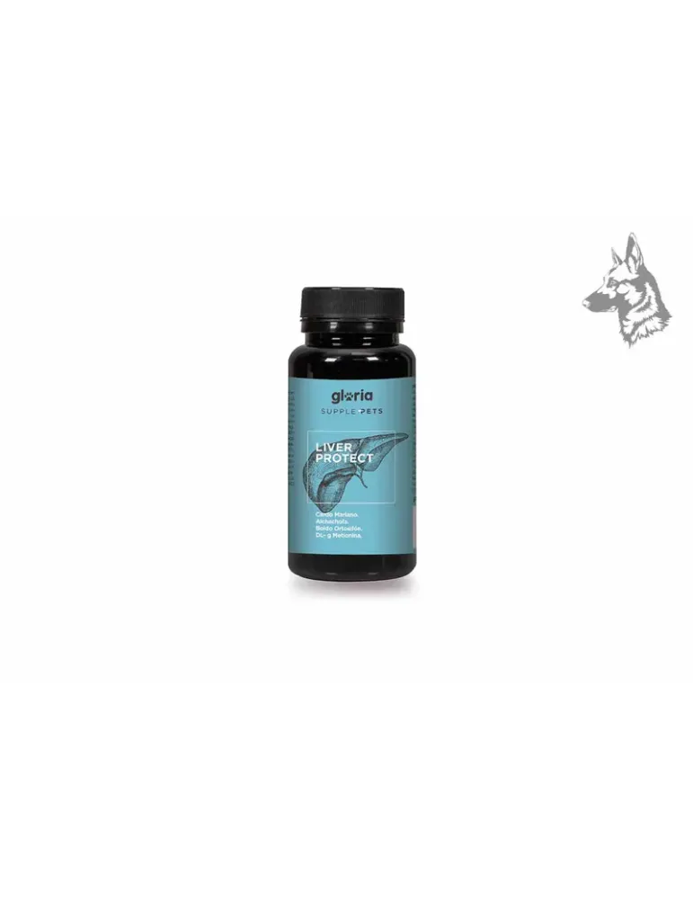 Envase de suplemento alimenticio para mascotas marca Gloria Supple Pets, modelo Liver Protect. Este producto está formulado para