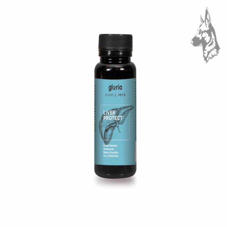Envase de suplemento alimenticio para mascotas marca Gloria Supple Pets, modelo Liver Protect. Este producto está formulado para