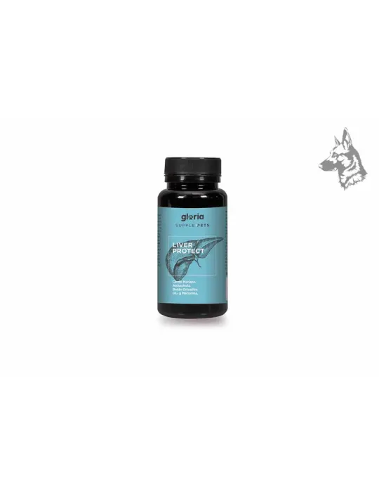 Envase de suplemento alimenticio para mascotas marca Gloria Supple Pets, modelo Liver Protect. Este producto está formulado para