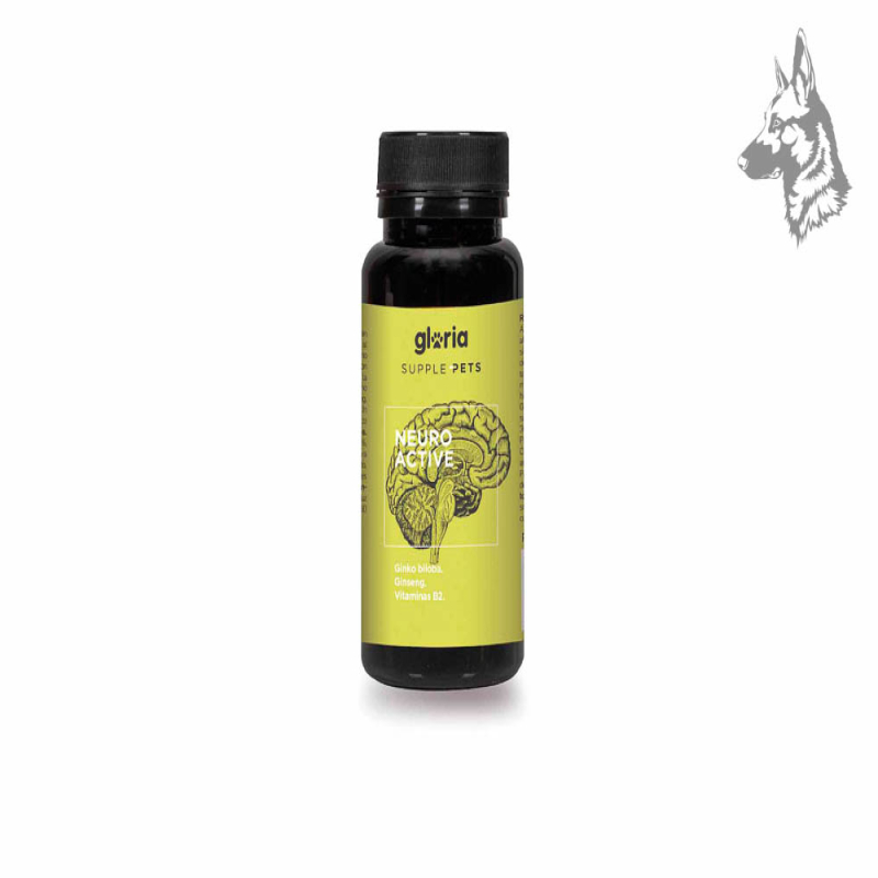 Envase de suplemento alimenticio para mascotas marca Gloria Supple Pets, modelo Neuro Active. Este producto está diseñado para p