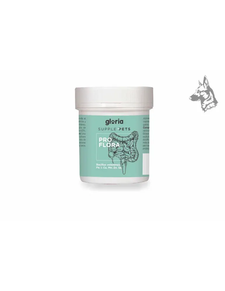 Envase de suplemento alimenticio para mascotas marca Gloria Supple Pets, modelo Proflora. El producto está diseñado para apoyar 