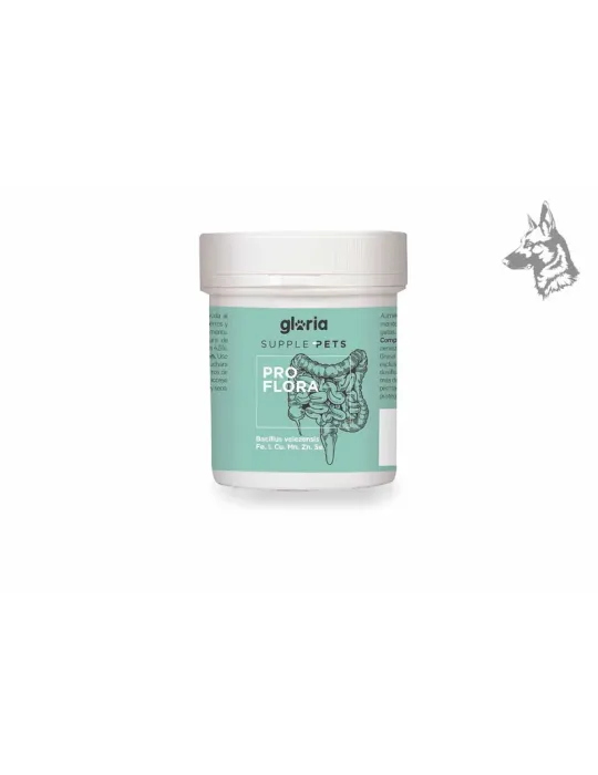 Envase de suplemento alimenticio para mascotas marca Gloria Supple Pets, modelo Proflora. El producto está diseñado para apoyar 