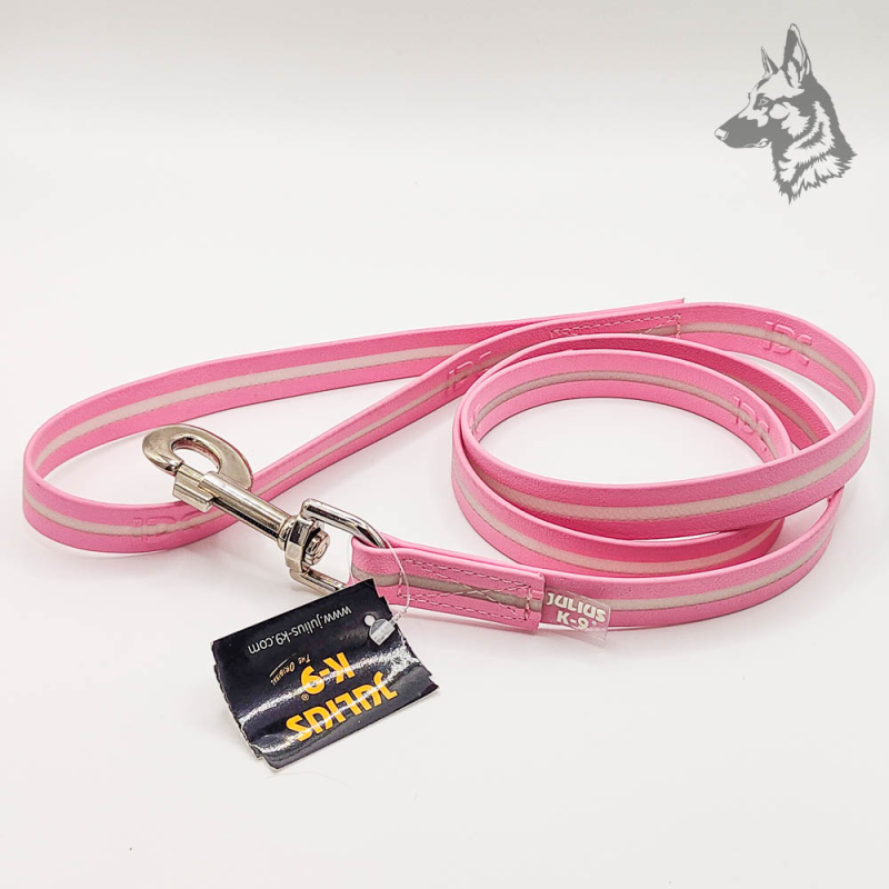 Correa Julius K9 IDC en color rosa, fabricada con materiales resistentes y cubierta de silicio fosforescente. Incluye un mosquet