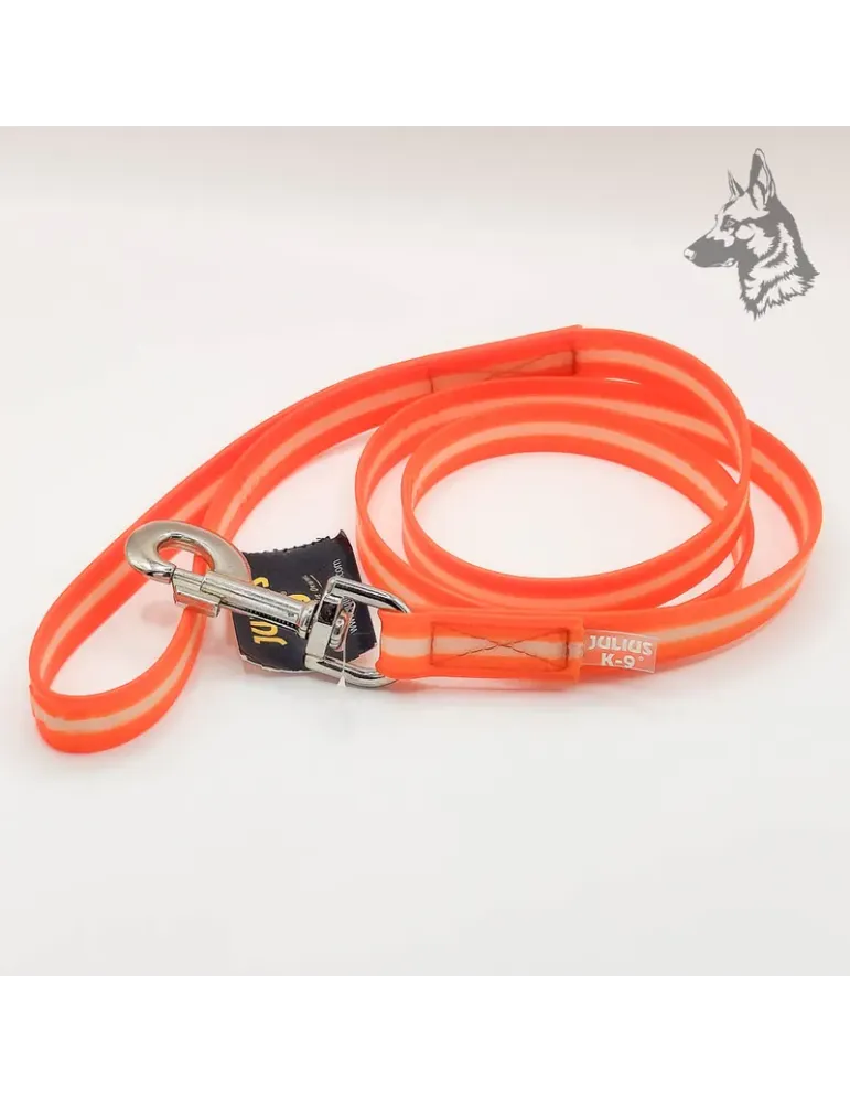 Correa Julius K9 IDC en color naranja, fabricada con materiales de alta calidad y cubierta de silicio fosforescente. Incluye un 