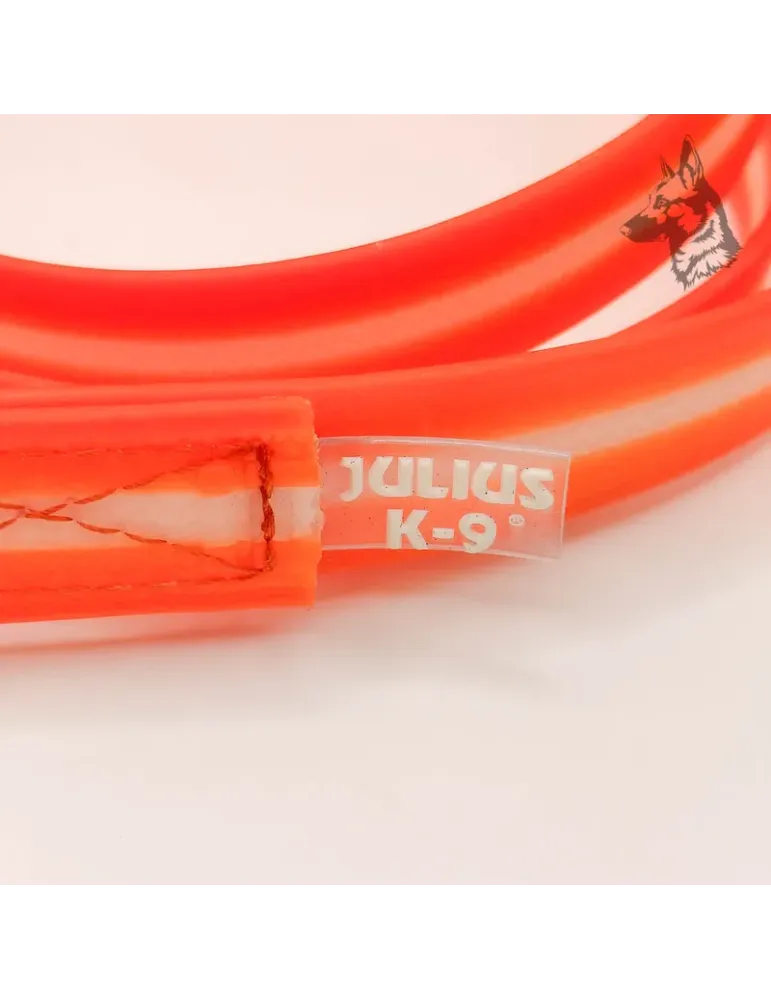 Julius K9 Correa Lumino IDC® Naranja — detalle de la banda y etiqueta