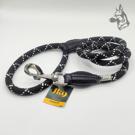 Correa de cuerda Julius-K9 IDC® negra con hilos reflectantes para mayor visibilidad nocturna, equipada con mosquetón metálico ro