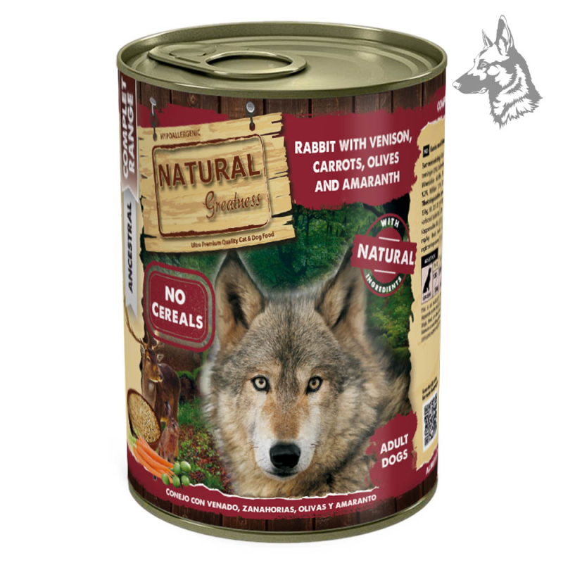 Comida húmeda Natural Greatness para perros adultos, receta sin cereales con conejo, venado, zanahorias, aceitunas y amaranto. A