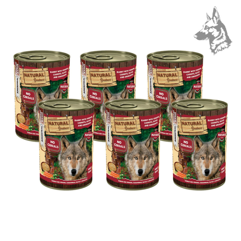 Comida húmeda Natural Greatness para perros adultos, receta sin cereales con conejo, venado, zanahorias, aceitunas y amaranto. A