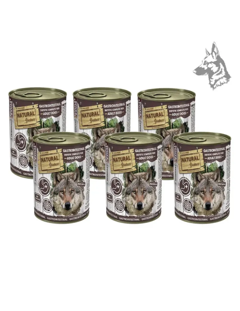 Presentación de seis latas Natural Greatness Gastrointestinal para perros de 400 g