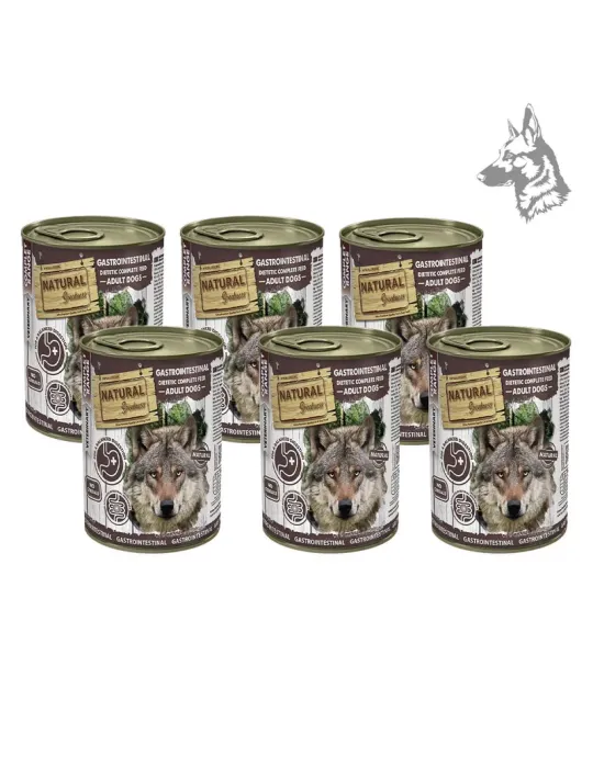 Presentación de seis latas Natural Greatness Gastrointestinal para perros de 400 g